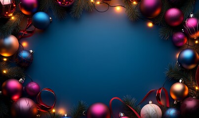Aufkleber - Vibrant Christmas Ornament Arrangement with Sparkling Lights on Deep Blue Background : Generative AI
