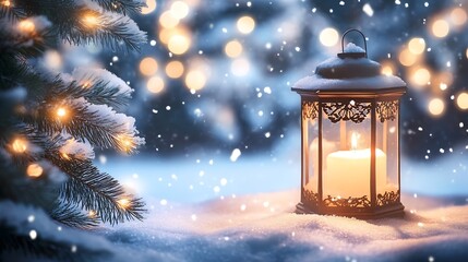 Poster - Winter Lantern with Warm Candle Light Casting Enchanting Glow in Snowy Landscape : Generative AI