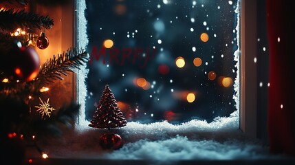 Poster - Christmas scene with decorative tree and snowflakes through a cozy window : Generative AI