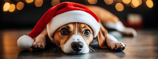 Poster - Adorable Beagle Puppy Relaxing in Santa Hat Amid Festive Holiday Lights : Generative AI