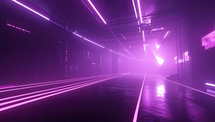 Wall Mural - colorful neon light lines flying in the dark room with empty floor space for design, banner, or pres