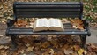 © QualityFocus - An open book on an empty park bench in autumn, pages gently turning, conveying stories of personal history and past.