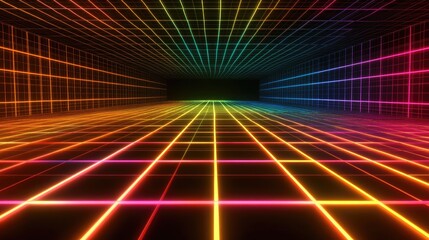 Wall Mural - colorful neon light lines flying in the dark room with empty floor space for design, banner, or pres