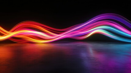 Wall Mural - colorful neon light lines flying in the dark room with empty floor space for design, banner, or pres