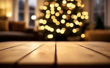 Aufkleber - Cozy Holiday Ambience with Wooden Table and Defocused Christmas Lights : Generative AI