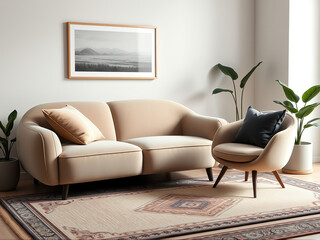 modern living room with beige sofa and armchair