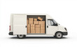 © Curioso.Photography - A white delivery van with its side door open reveals a stack of cardboard boxes, emphasizing transport and logistics.
