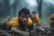 © Gonzalo - A joyful rugby player with a big smile slides through a field covered in mud. The image captures the fun and exhilaration of playing sports in tough conditions