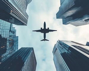Aufkleber - Modern Cityscape with Airplane Silhouette Capturing Urban Mobility and Dynamic Skies : Generative AI