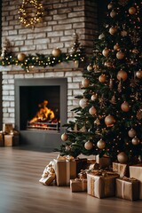 Aufkleber - Cozy Living Room with Festive Gold Christmas Tree and Decorated Fireplace : Generative AI
