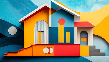 Poster - Bold abstract house design using paper collage techniques, emphasizing geometric forms and a colorful palette for a trendy appeal