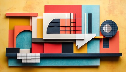 Poster - Bold abstract house design using paper collage techniques, emphasizing geometric forms and a colorful palette for a trendy appeal