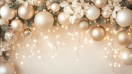 Poster - Charming gold Christmas ornaments and pine garland with sparkling lights : Generative AI