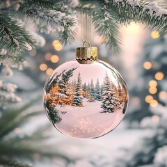 Poster - Elegant Winter Scene with Christmas Ornament on Frosty Pine Tree Branches at Sunset : Generative AI