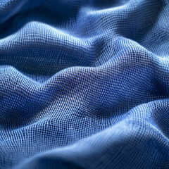 Poster - A close-up of a blue fabric with a woven pattern, showing its texture and folds