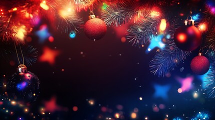 Poster - Multiple Colorful Stars and Baubles on Pinetree Branches with Twinkling Lights : Generative AI