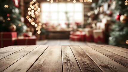 Poster - Festive Wooden Table with Christmas Decorations and Blurred Holiday Background : Generative AI