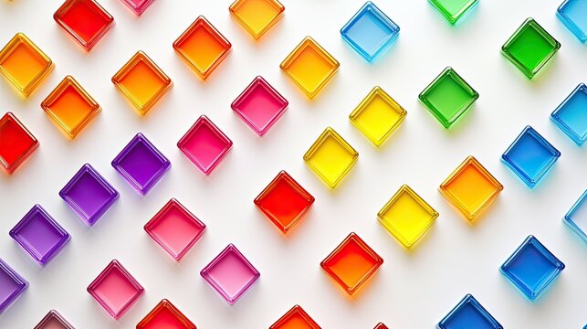 A series of small rainbow squares on a bright white backdrop, arranged in a neat, geometric pattern, creating a fun and colorful abstract image.