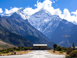 aircraft landing with snowy mountains on the background