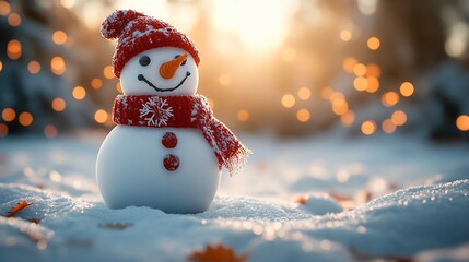 Poster - Joyful Snowman with Knitted Hat and Scarf in a Wintery Holiday Scene : Generative AI