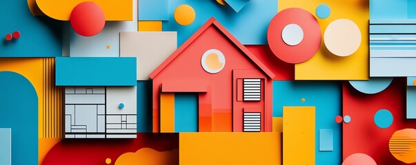 Poster - A vibrant abstract house design created from trendy paper collage elements, showcasing bold colors and dynamic shapes for a modern aesthetic