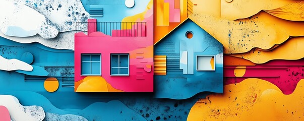 Poster - A vibrant abstract house design created from trendy paper collage elements, showcasing bold colors and dynamic shapes for a modern aesthetic