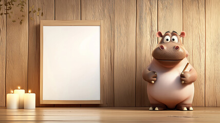 Poster - cute 3D hippopotamus holding pencil stands beside blank wooden frame, creating charming scene