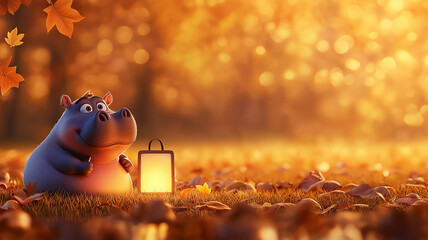 Poster - cute hippopotamus sits in autumn forest holding glowing lantern, surrounded by falling leaves and warm golden light. scene is peaceful and whimsical