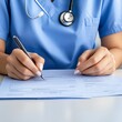 © Design@22 - Nurse helping patient fill out insurance documents, clear forms, supportive clinic setting