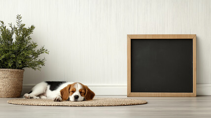Poster - sleeping puppy lies peacefully on cozy rug beside blank chalkboard in serene room