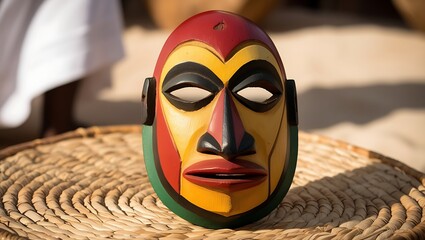 Wall Mural - A colorful wooden mask with a human face design rests on a woven basket.