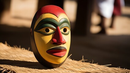 Wall Mural - A traditional wooden mask with a yellow face, red lips, green eyes, and a black nose sits on a woven mat.