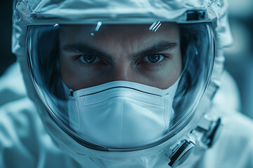  Medical professional in protective equipment with intense focus in sterile environment 