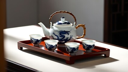 Wall Mural - Traditional Chinese Tea Set with Dragon Design on a Wooden Tray.