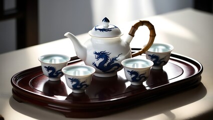 Wall Mural - A white porcelain teapot with a blue dragon design and a bamboo handle, along with four matching teacups, sits on a wooden tray.