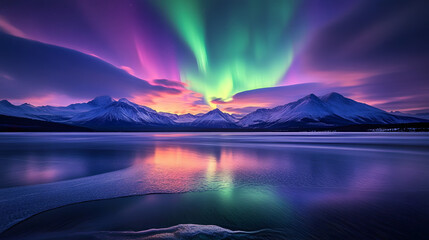 Minimalist northern lights aurora night landscape with mountains in the background
