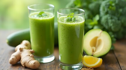 Wall Mural - Green vegetable and fruit smoothies with ginger