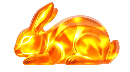 Glowing, amber rabbit sculpture rests isolate on transparent  background, png, cutout