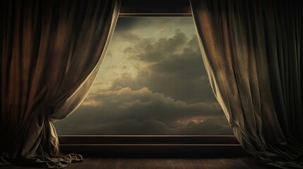 Wall Mural - Depict a dramatic, dark window with heavy curtains pulled back to reveal a stormy, turbulent sky outside, with the interior remaining shrouded in shadow, conveying a mood of foreboding. 