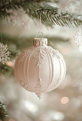 Poster - A close-up of a white, sparkly Christmas ornament hanging on a tree branch