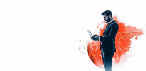 Poster - Innovative businessman utilizing technology against a dynamic background
