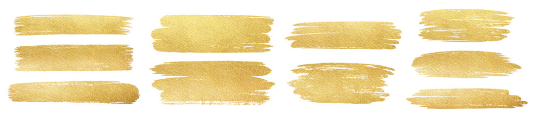 Poster - Golden foil paint brush strokes, brushstroke shapes, smears, wide rough uneven stains set. Hand drawn creative textured text backgrounds, gold painted graphic design elements. Frame, banner templates.