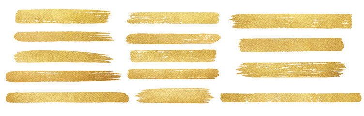 Poster - Golden foil paint brush stripes, brushstroke shapes, smears, rough uneven stains strokes set. Hand drawn textured text backgrounds, dividers, gold painted graphic elements. Frame, banner templates.
