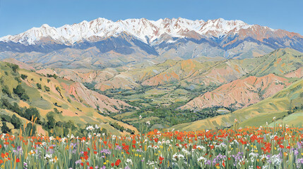 Wall Mural - A field of wildflowers in the foothills of a snow-capped mountain range.