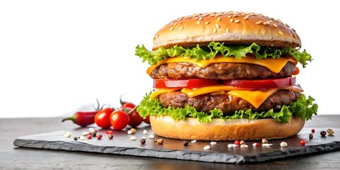 A towering burger with melted cheese, crisp lettuce, and juicy patties.