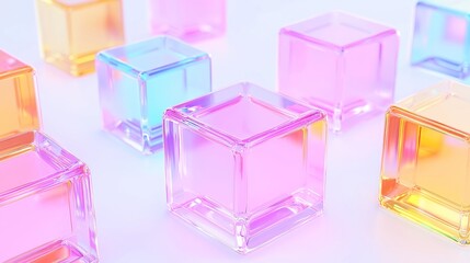 Poster - Vibrant Glass Blocks in Motion, Colorful translucent glass blocks gracefully spin and rotate against a clean white background, creating a mesmerizing visual experience.
