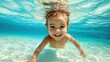 © Login - Close-up of the face of a small smiling child swimming in clear sea water. A boy on holiday. The concept of joy and happiness. Illustration for cover, postcard, interior design, decoration or print.