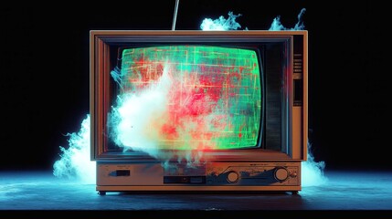 Poster - Analog TV Glitch, vibrant red, green, and white colors create a chaotic display, accompanied by scratch noise, set against a deep black background, evoking nostalgia and disruption.