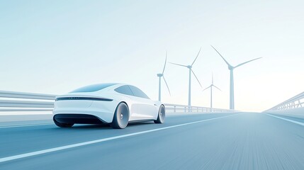 Poster - Autonomous electric vehicle cruising on a coastal highway with wind turbines in the background, showcasing a vision of sustainable transportation and green energy innovation