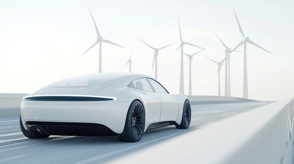 Poster - Autonomous Electric Car on Coastal Highway with Wind Turbines, Showcasing Sustainable Energy Solutions and Innovative Transportation Technologies